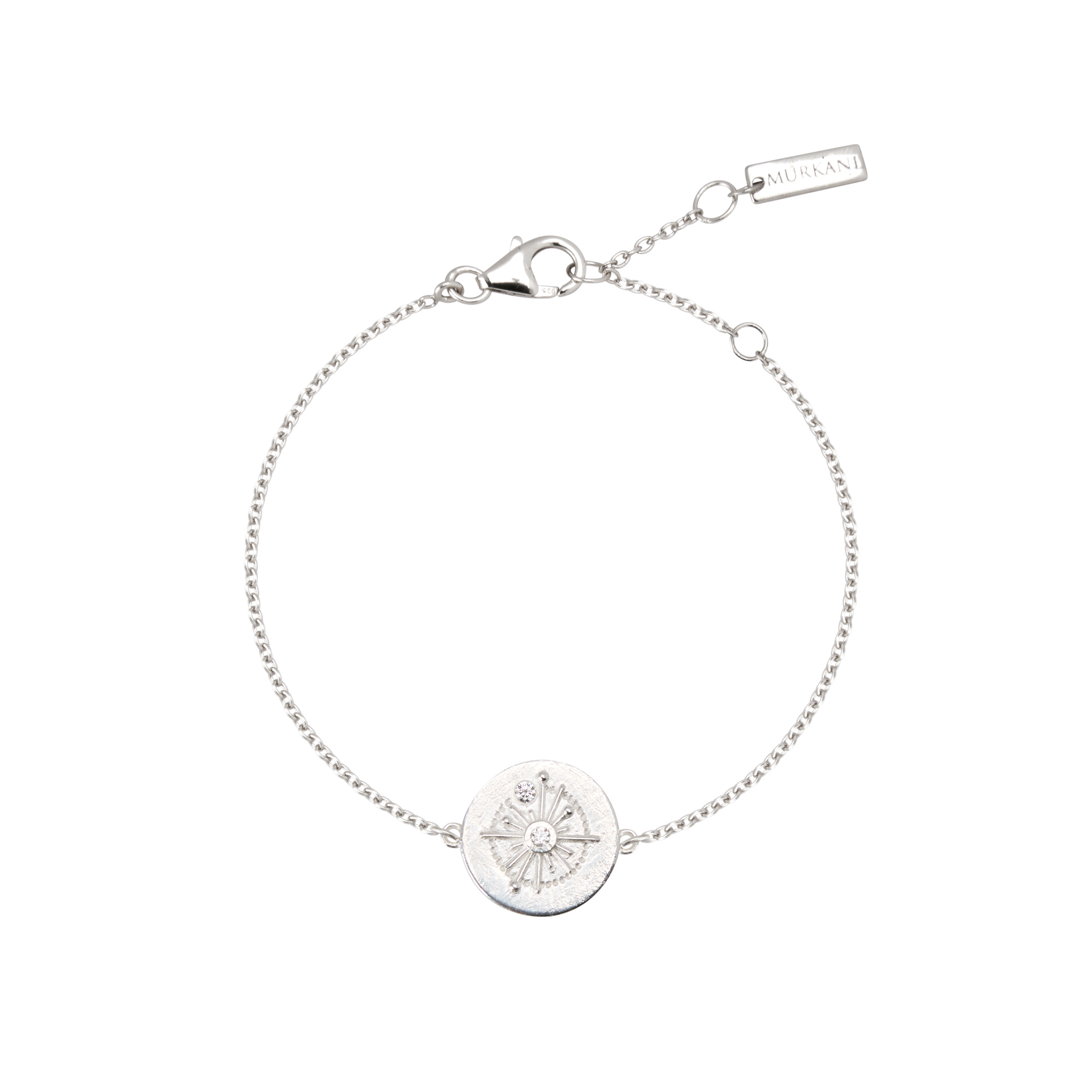 Silver bracelet with a compass charm on a white background